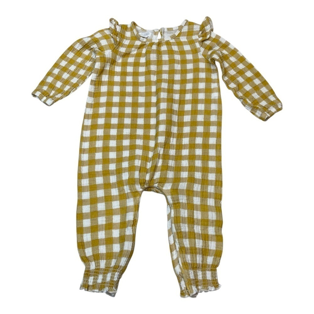 Mud Pie Mustard Cotton Plaid One Piece Pant Romper Baby Girl Size 12-18 Months